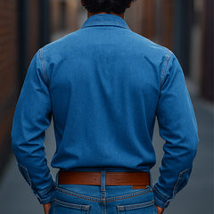 【24-hour shipping out】Men's Retro Western Cowboy Tassel Stitching Denim Long Sleeve Shirt 10742814U