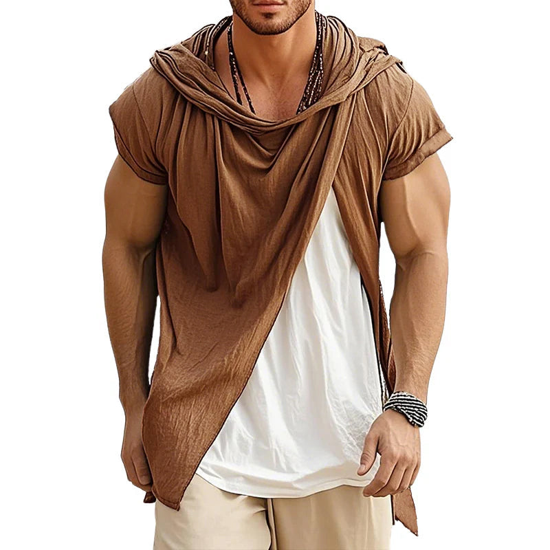 Men's Retro Casual Cotton Linen Colorblock Fake Two-Piece Hooded Short-Sleeved Shirt MTA1437D2TO