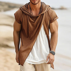 Men's Retro Casual Cotton Linen Colorblock Fake Two-Piece Hooded Short-Sleeved Shirt MTA1437D2TO