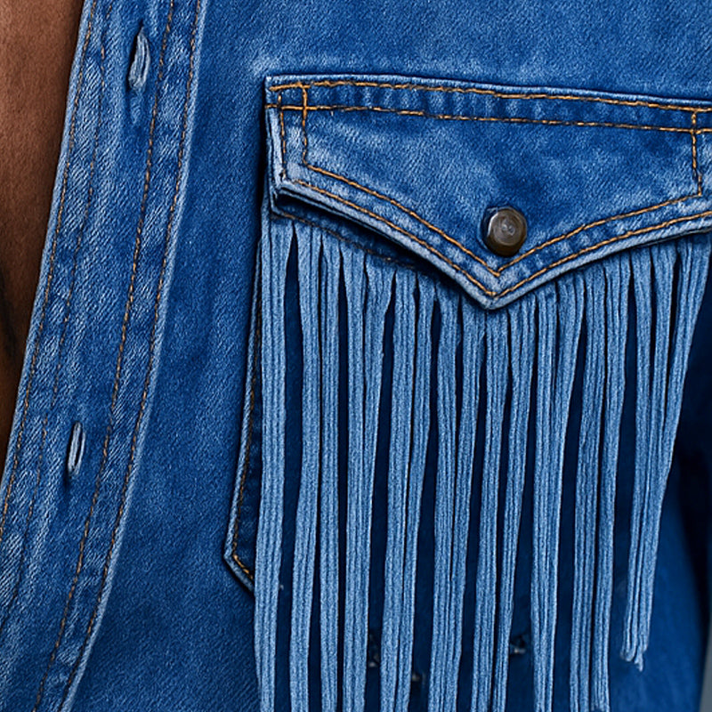 【24-hour shipping out】Men's Retro Western Cowboy Tassel Stitching Denim Long Sleeve Shirt 10742814U