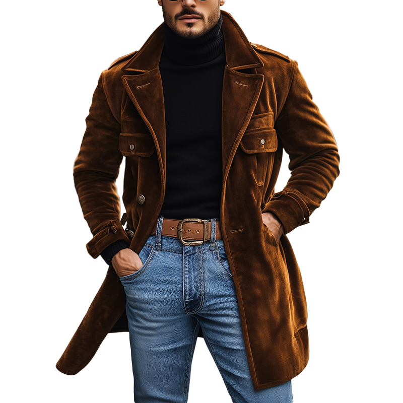 Men's Winter Retro Glossy Velvet Lapel Mid-Length Coat MTA0357K2P