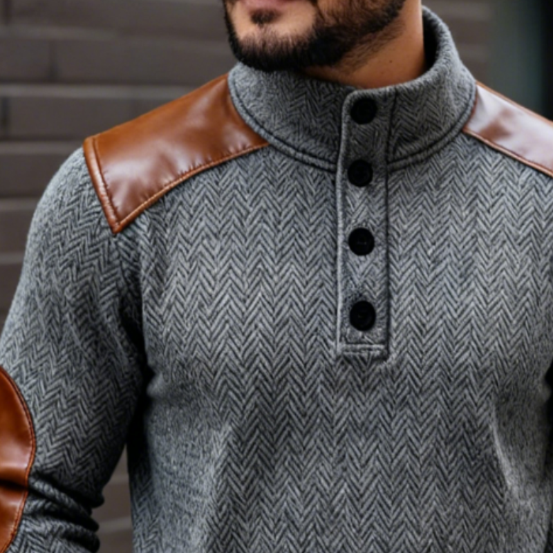 Men's Retro Casual Herringbone Patchwork PU Stand Collar Sweatshirt MTA0608K8TO