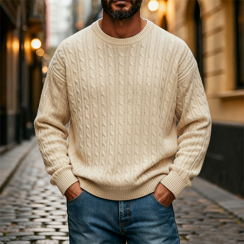 Men's Retro Solid Color Cable Knit Crew Neck Long Sleeve Sweater MTA0198K3X