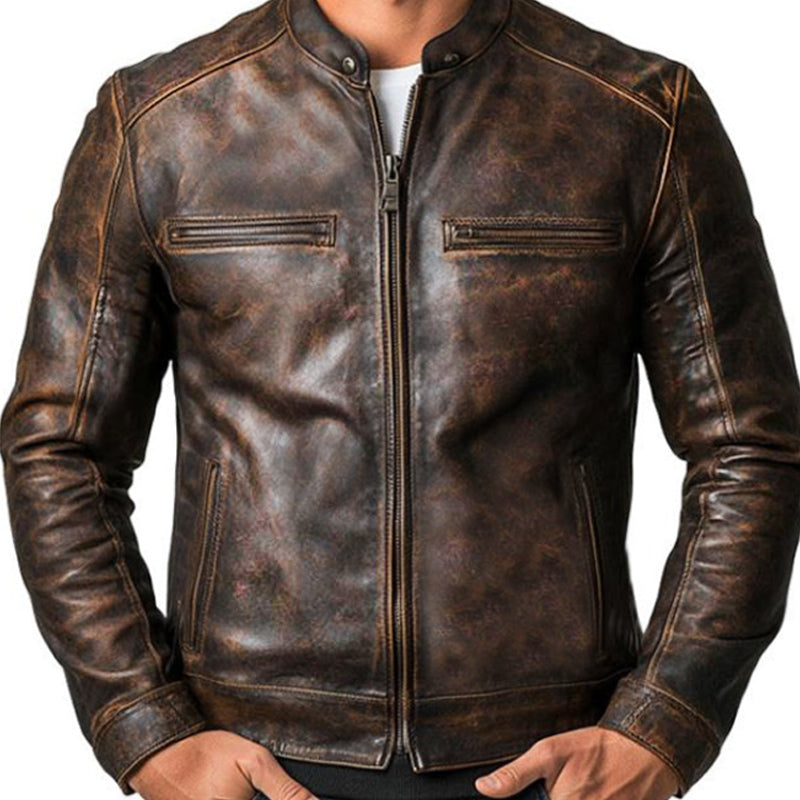 Men's Vintage Distressed Zipper PU Leather Jacket 57298921U