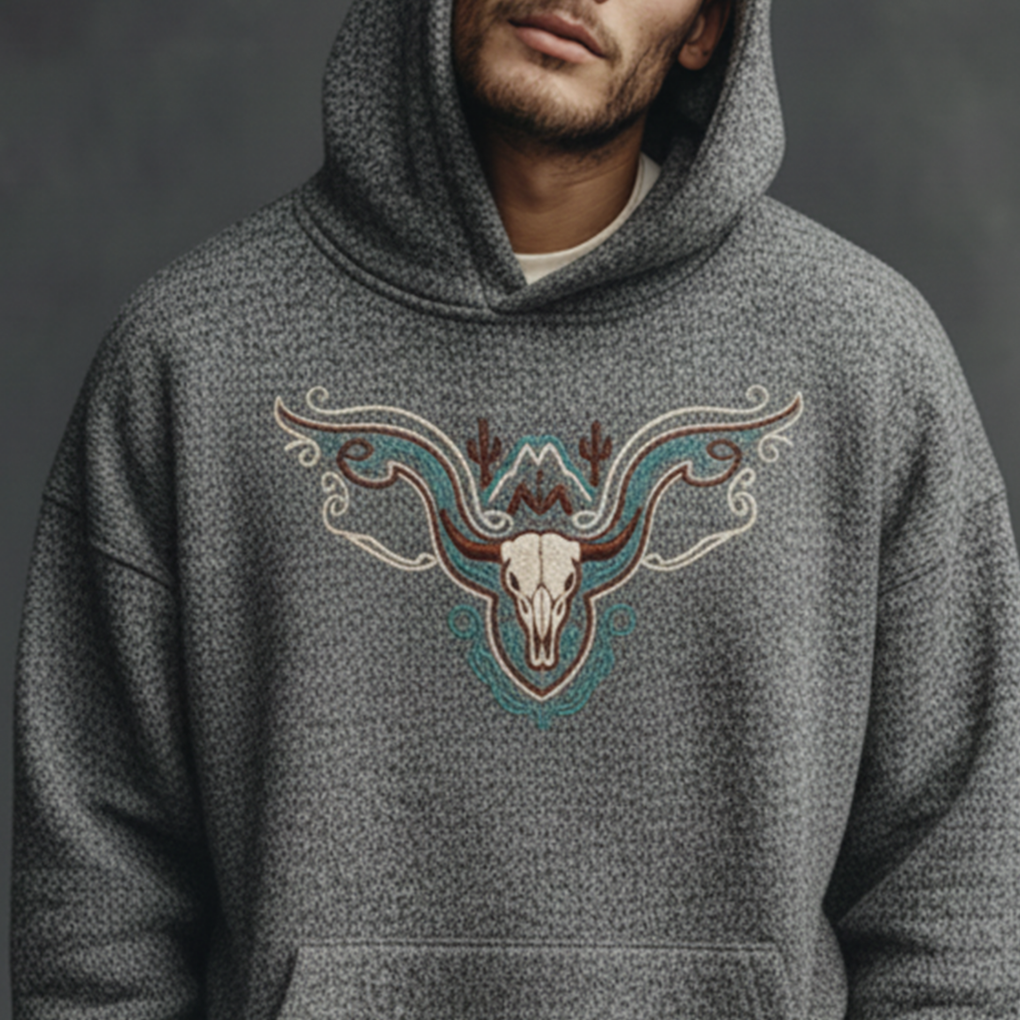 Men's Classic Casual Western Style Embroidered Air Layer Cotton Blend Hoodie MTA1145K6K