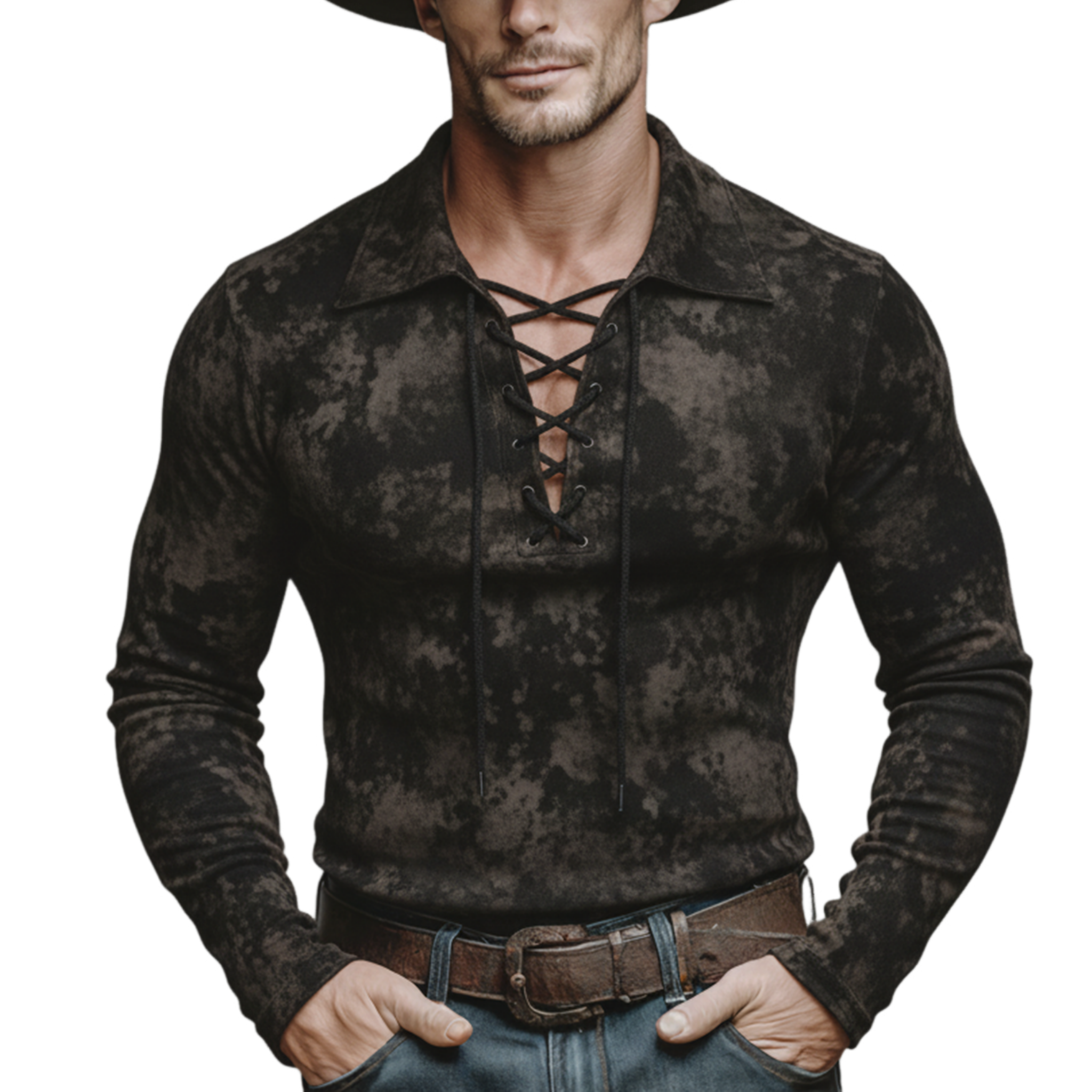 Men's Classic Casual V-Neck Tie-Waist Printed Faux Suede Slim Fit Long-Sleeve T-Shirt MTA2576K5K