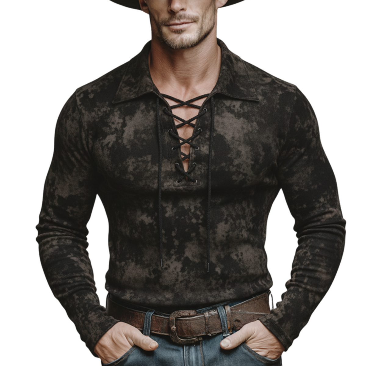 Men's Classic Casual V-Neck Tie-Waist Printed Faux Suede Slim Fit Long-Sleeve T-Shirt MTA2576K5K