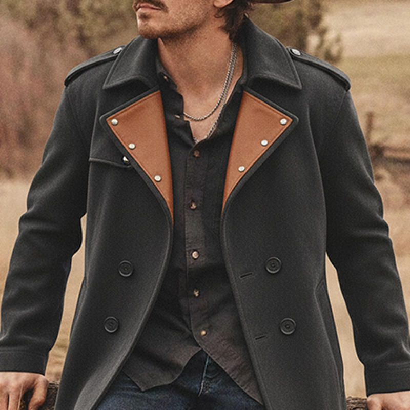 Men's Color-blocked Wool Blend Spliced PU Long Coat MTA2210K2X