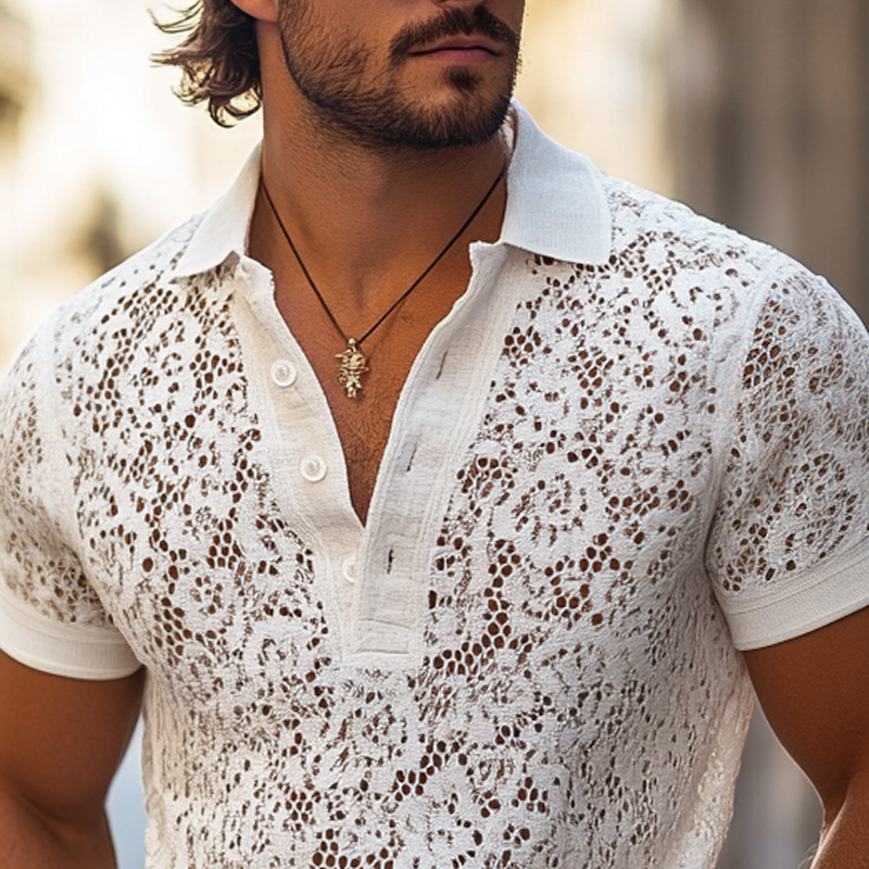 Men's Fashion Lace Lapel Short Sleeve Polo Shirt MTA1552E9Z