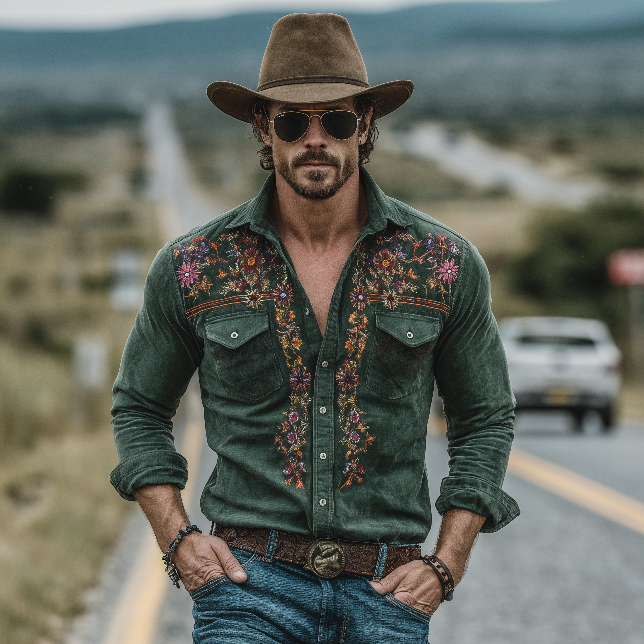 Men's Classic Retro Western Style Embroidered Faux Suede Slim Fit Long-Sleeve Shirt MTA0189L7K