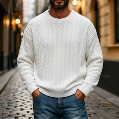 Men's Retro Solid Color Cable Knit Crew Neck Long Sleeve Sweater MTA0198K3X