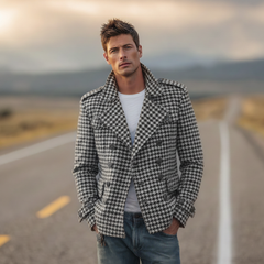 Men's Classic Retro Lapel Houndstooth Wool Double-breasted Jacket MTA1701I4K