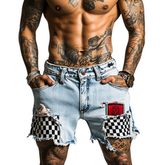 Men's Ripped Check Denim Shorts MTA1296F1X