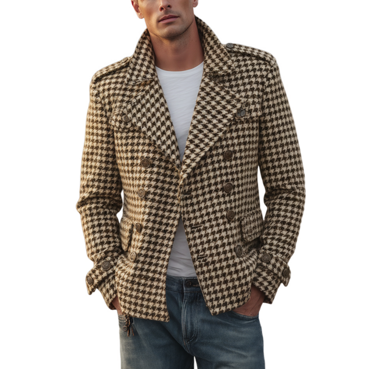 Men's Classic Retro Lapel Houndstooth Wool Double-breasted Jacket MTA1701I4K