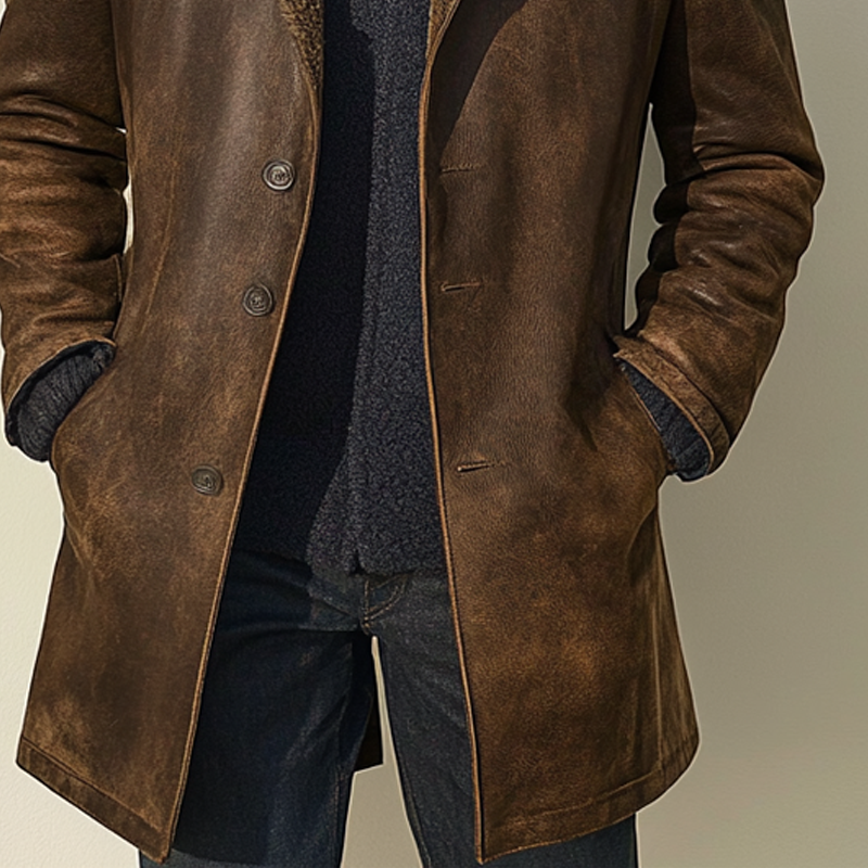 Men's Retro Distressed Faux Leather Collar Patchwork Fleece Mid-Length Coat MTA1530K0X