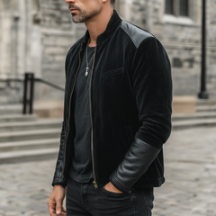 Men's Urban Black Velvet Patchwork PU Leather Zip-Up Jacket MTA1544K5U