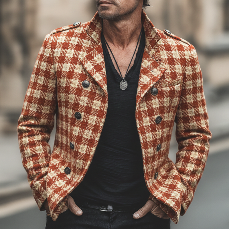 Men's Classic Plaid Double-breasted Notched Lapel Faux Wool Jacket MTA0452L8U