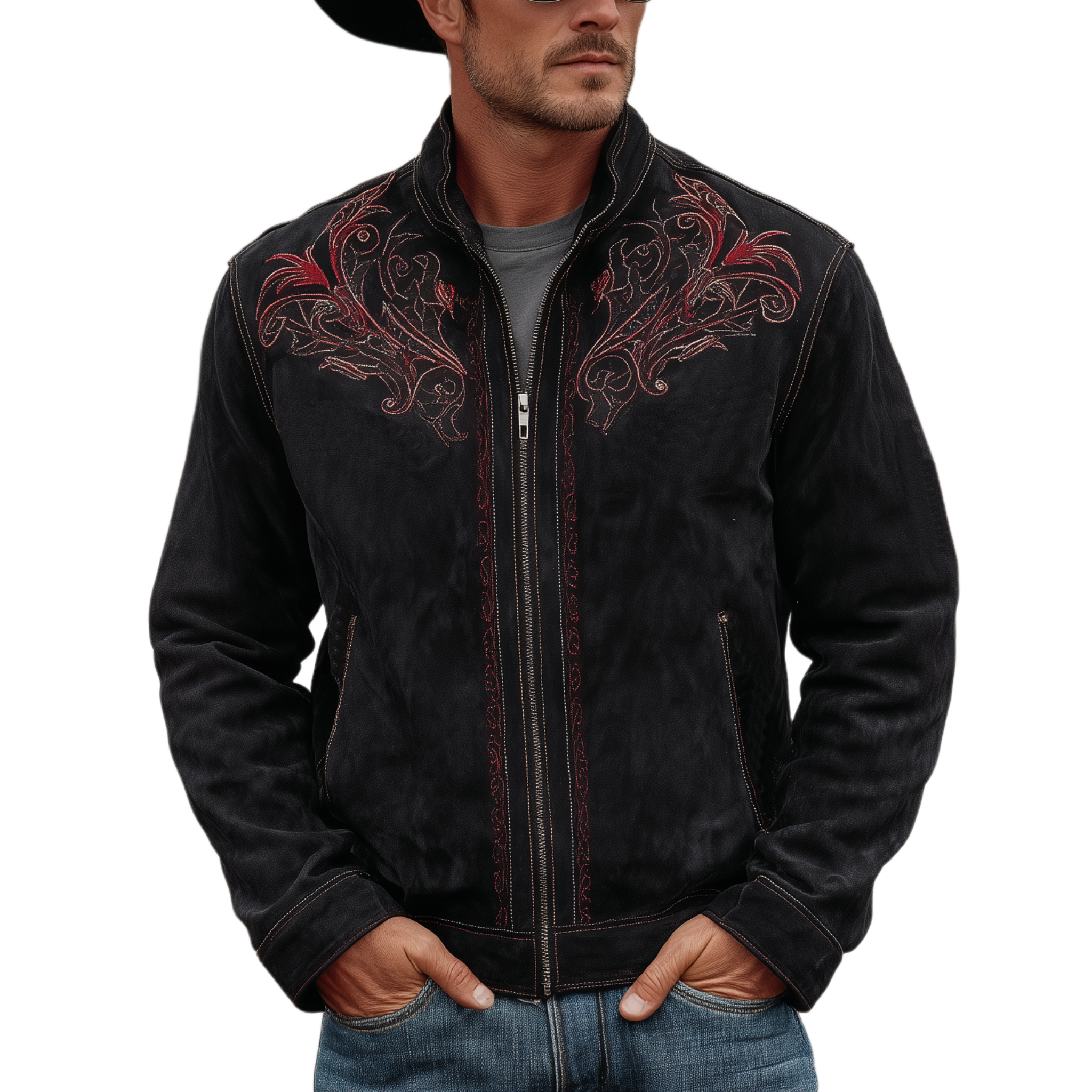 Men's Classic Retro Western Style Stand-up Collar Embroidered Faux Suede Zip-up Jacket MTA2799K9K