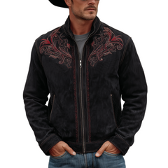 Men's Classic Retro Western Style Stand-up Collar Embroidered Faux Suede Zip-up Jacket MTA2799K9K