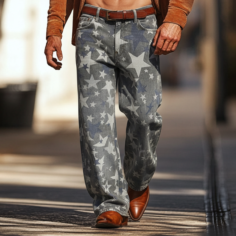 Men's Retro Star Print Twill Cotton Casual Pants MTA1042K2P