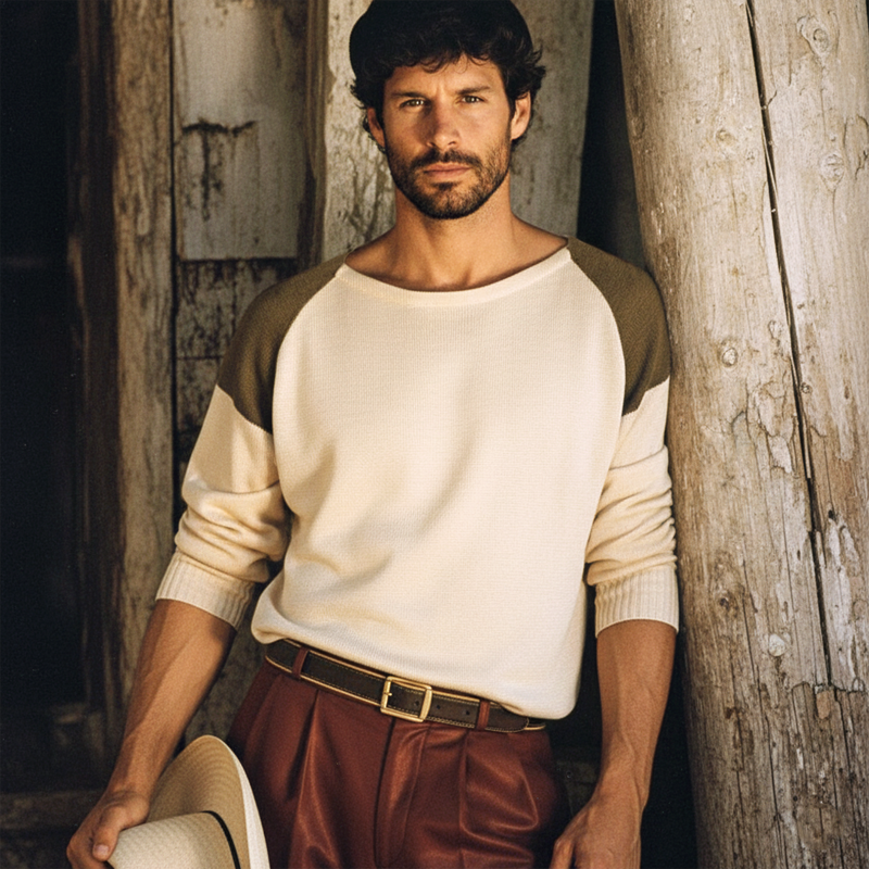 Men's Retro Color-Blocked Shoulder Crew Neck Casual Knit Sweater MTA1056K1U