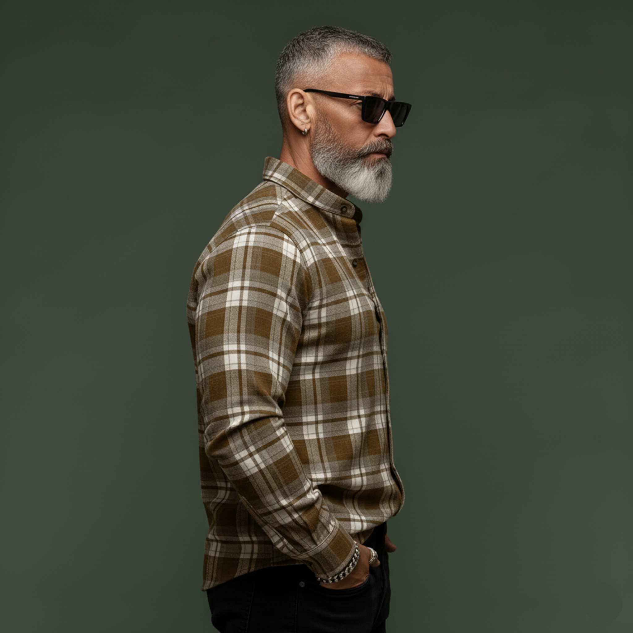 Men's Classic Casual Stand Collar Plaid Brushed Cotton Blend Long-Sleeve Shirt MTA2815K1K