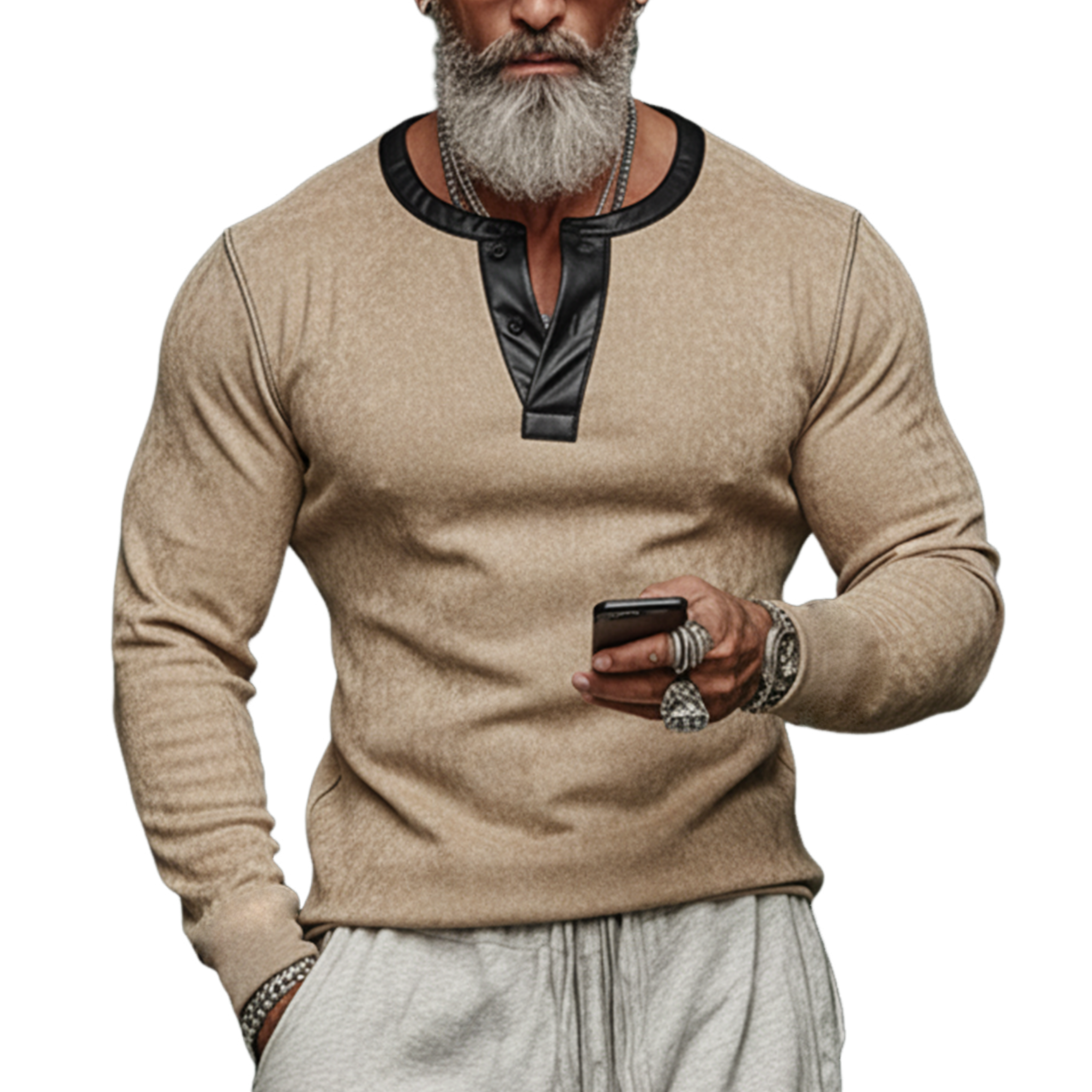 Men's Classic Casual PU Leather Henley Collar Slim Fit Faux Suede Long-Sleeve T-Shirt MTA2597K6K