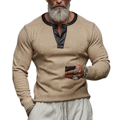 Men's Classic Casual PU Leather Henley Collar Slim Fit Faux Suede Long-Sleeve T-Shirt MTA2597K6K