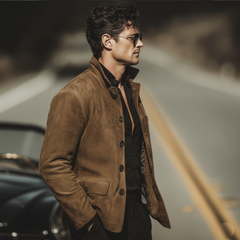 Men's Classic Retro Western Style Faux Suede Stand Collar Single-breasted Jacket MTA2915K3K