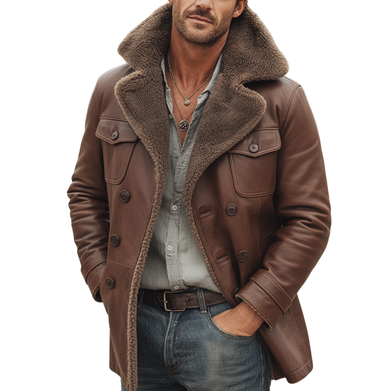 Men's Warm PU Leather And Lamb Wool Lining Double-breasted Short Coat MTA1228K4U