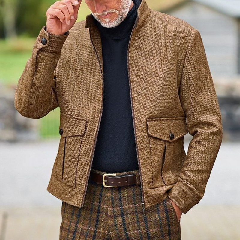 Men's Retro Stand Collar Herringbone Blend Zipper Jacket MTA0437L8X