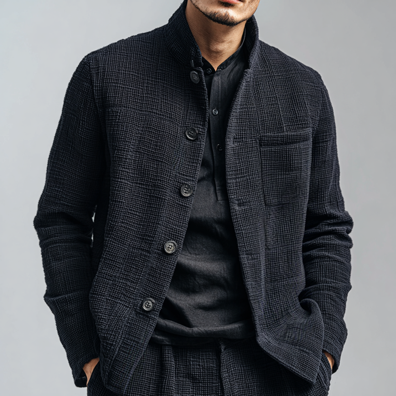 Men's Solid Textured Stand Collar Single Breasted Casual Jacket MTA1901H5Z