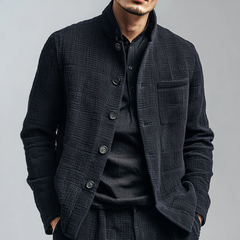 Men's Solid Textured Stand Collar Single Breasted Casual Jacket MTA1901H5Z