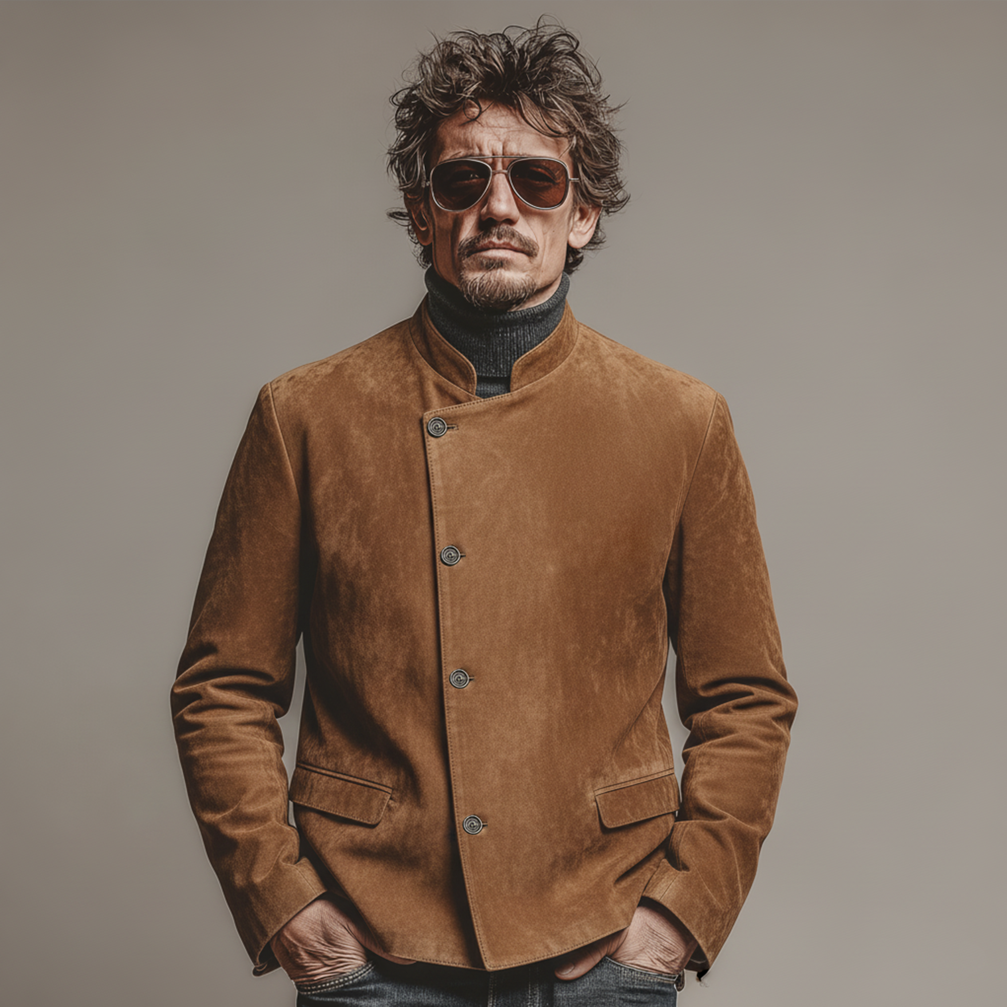 Men's Classic Retro Stand-up Collar Slanted Placket Faux Suede Jacket MTA0840K1K