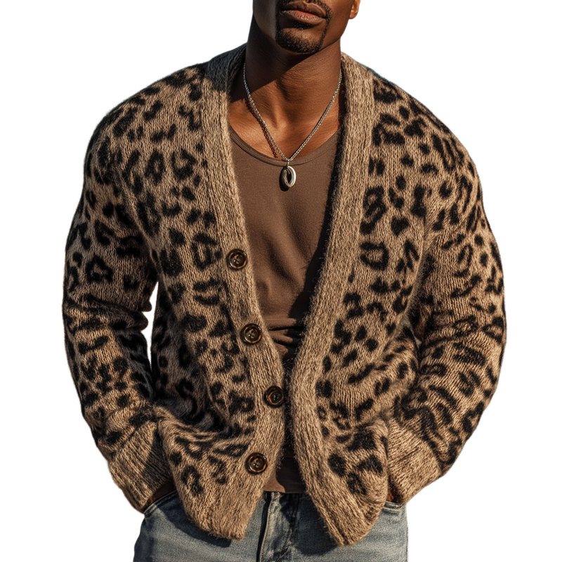 Men's Urban Warm Khaki Leopard Button-Down Cardigan MTA1836K6U