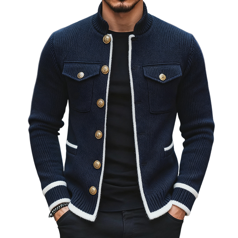 Men's Retro Casual Color Block Knit Multi-Pocket Stand Collar Cardigan Jacket MTA0624K8TO