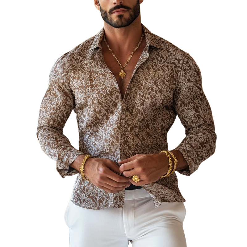 Men's Vintage Print Lapel Long Sleeve Shirt MTA1900F3Z