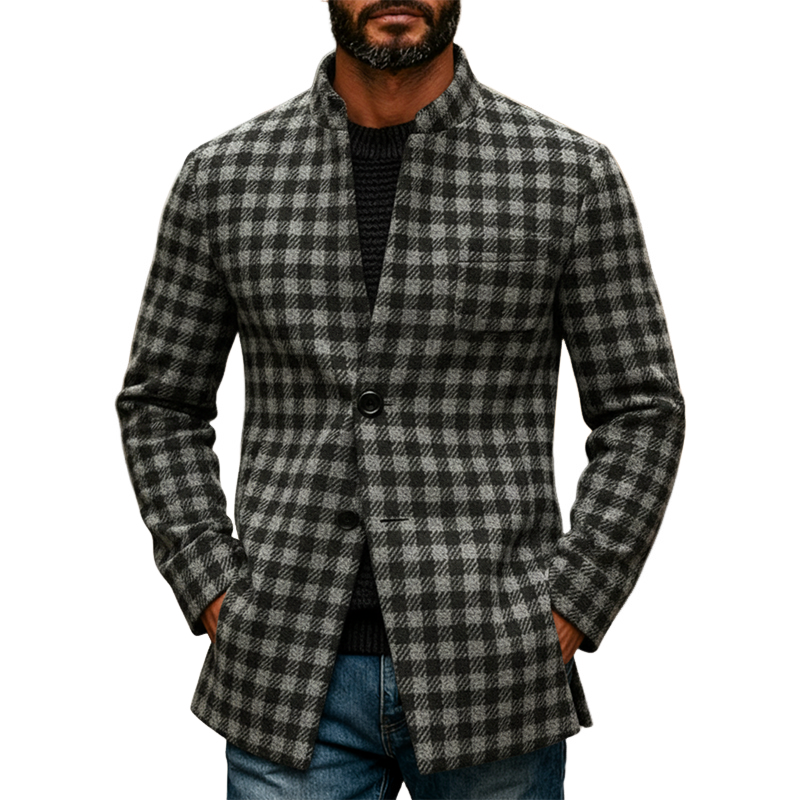 Men's Retro Plaid Blend Wool Stand Collar Mid-Length Coat MTA2419K4X