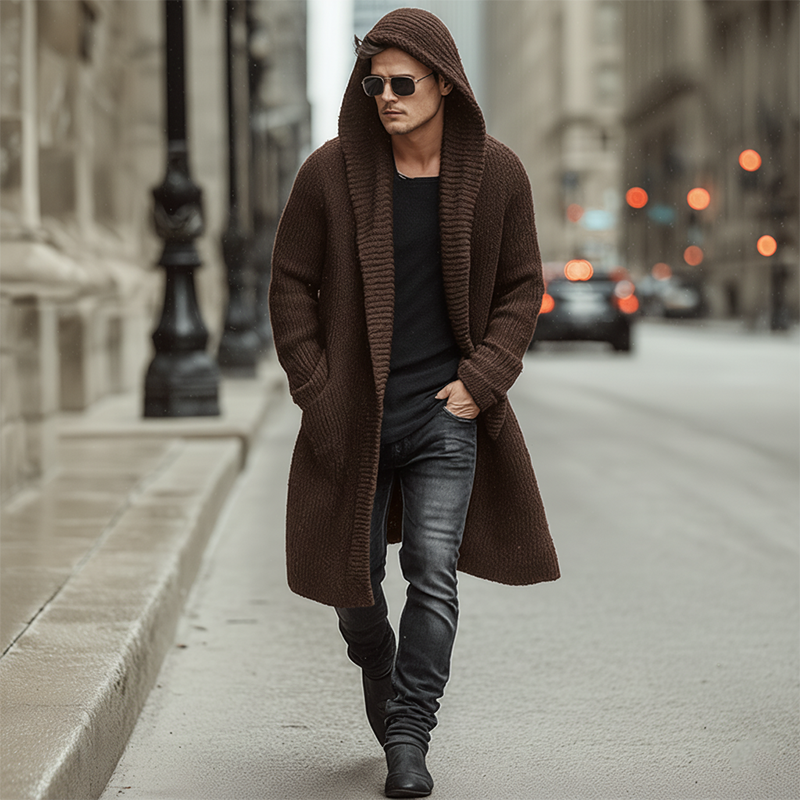 Men's Autumn And Winter Fashion Solid Color Cotton Yarn Knitted Long Hooded Cardigan MTA2378I9P