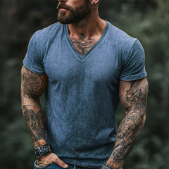 【24-hour shipping out】Men's Retro Casual Shabby Printed V-Neck Short Sleeve T-Shirt MTA2555D1TO