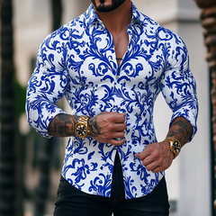 Men's Retro Casual Blue And White Porcelain Print Lapel Long Sleeve Shirt MTA3023G4TO