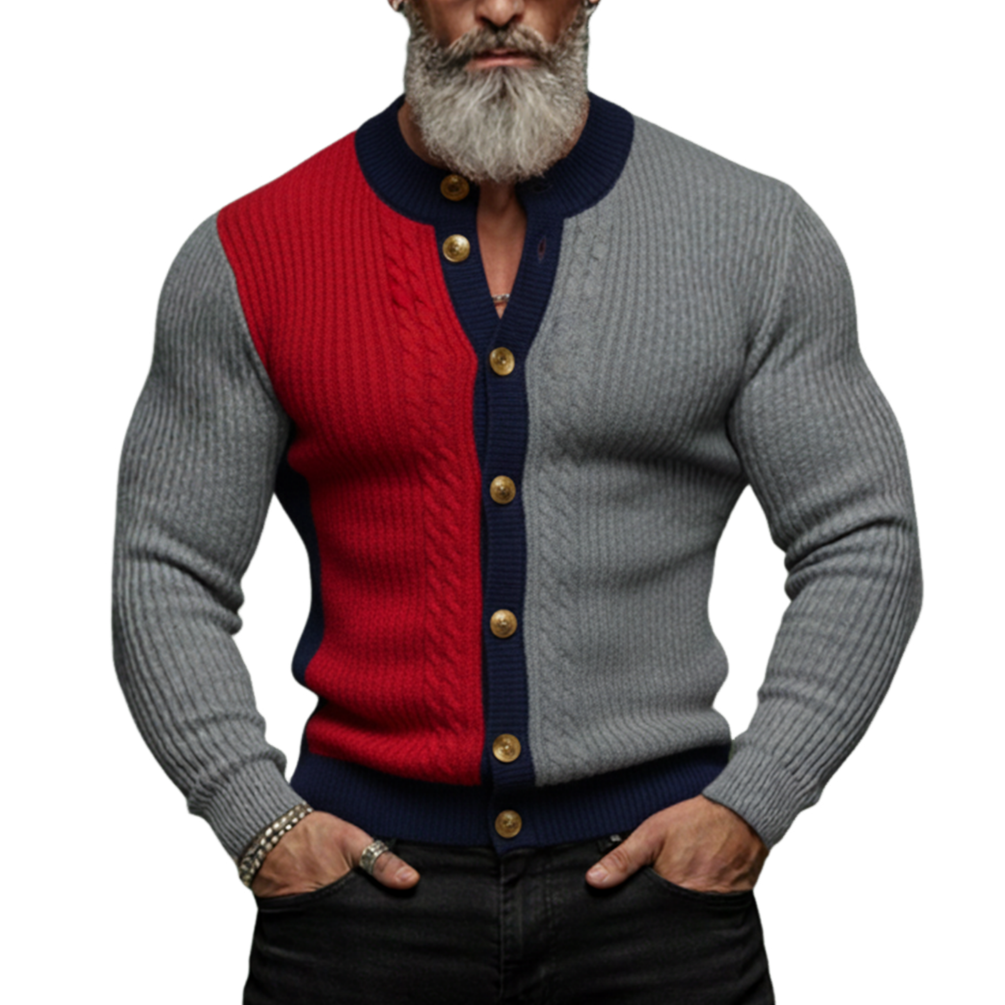 Men's Casual And Stylish Color-blocked Knitted Slim-fit Cardigan Sweater MTA1569K2K