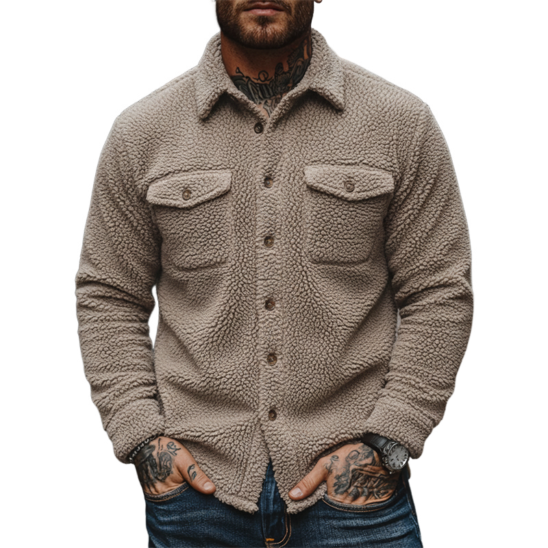 Men's Solid Color Fleece Collar Button-down Shirt Jacket MTA0165K6X