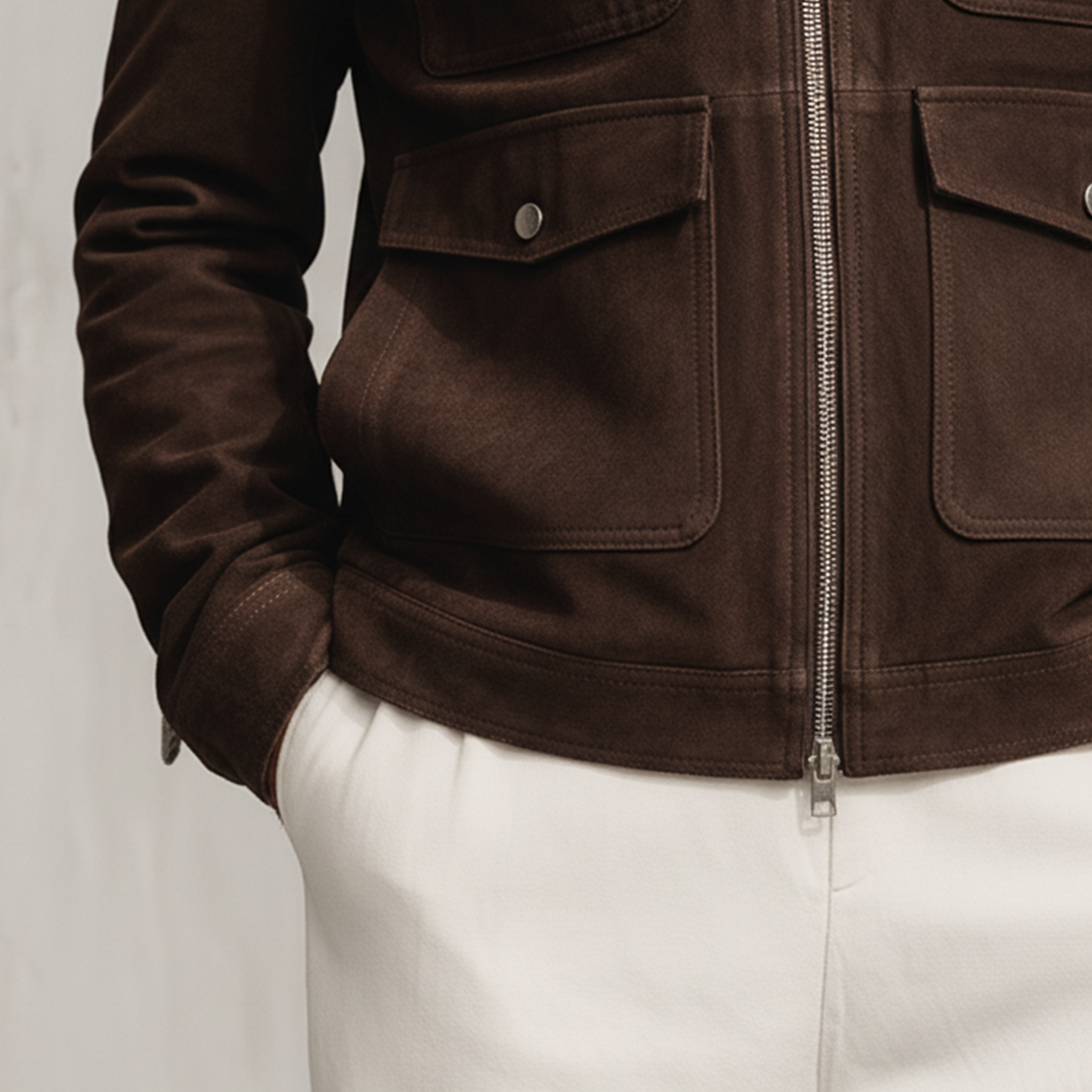 Men's Classic Light Business Stand Collar Multi-Pocket Faux Suede Jacket MTA0487K5K