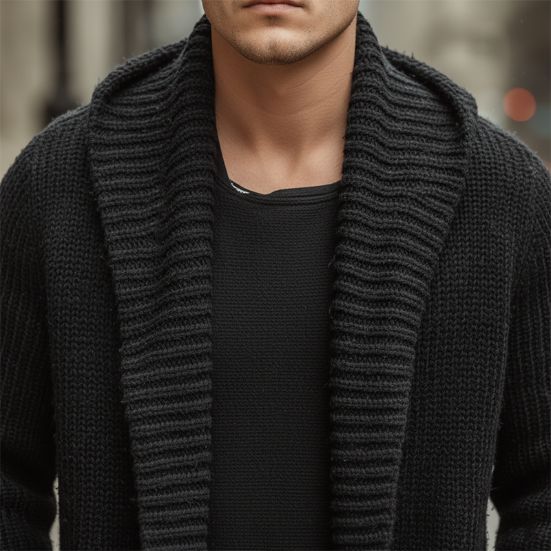 Men's Autumn And Winter Fashion Solid Color Cotton Yarn Knitted Long Hooded Cardigan MTA2378I9P