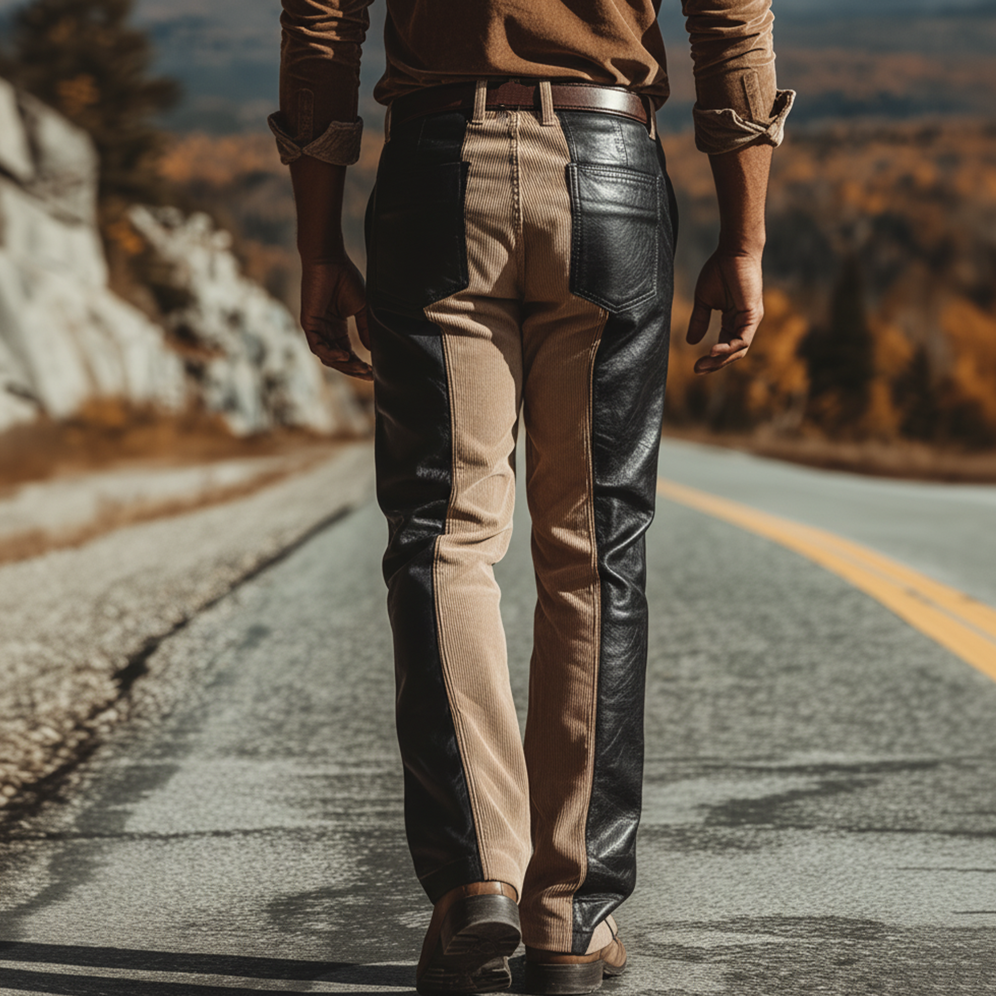 Men's Classic Casual Western Style PU Leather Corduroy Trousers MTA2526K5K