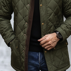 Men's Quilted Plaid Patchwork Stand Collar Corduroy Mid-length Coat MTA1930K5X