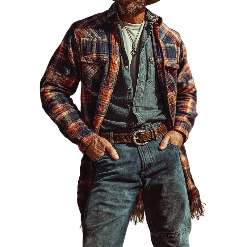 Men's Retro Casual Plaid Print Lapel Long-Sleeve Tassel Shirt MTA1104K5TO