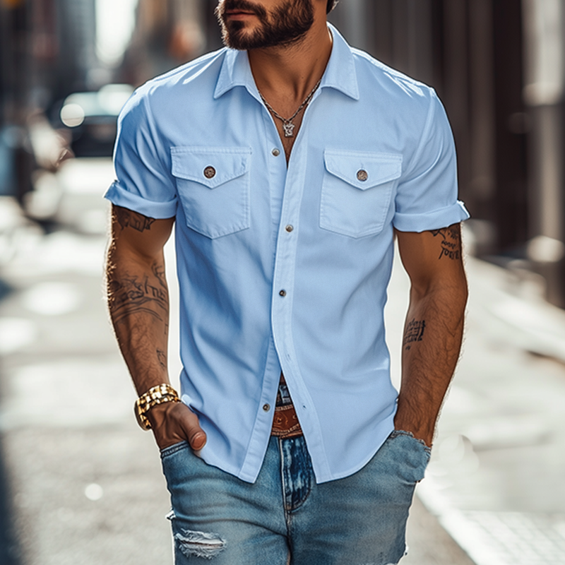 【24-hour shipping out】Men's Classic Casual Solid Color Slim Fit Multi-Pocket Polyester Cotton Short Sleeve Shirt 39582391K