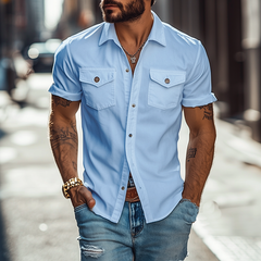 【24-hour shipping out】Men's Classic Casual Solid Color Slim Fit Multi-Pocket Polyester Cotton Short Sleeve Shirt 39582391K